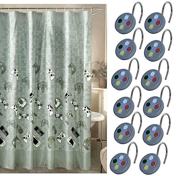Gamer Shower Curtain Video Game Hook Set Fabric Curtain 70 X 72 Multi Grey Green - Picture 16 of 16